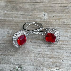 Silver & red crystal rhinestone drop dangle earrings RBP Bomb Party